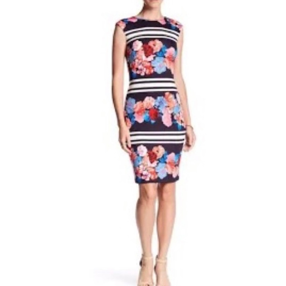 Vince Camuto Knit Navy White Stripe with Floral Print Sheath‎ size 4